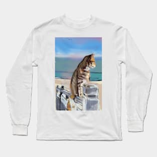 Cat on a fence by the coast Long Sleeve T-Shirt